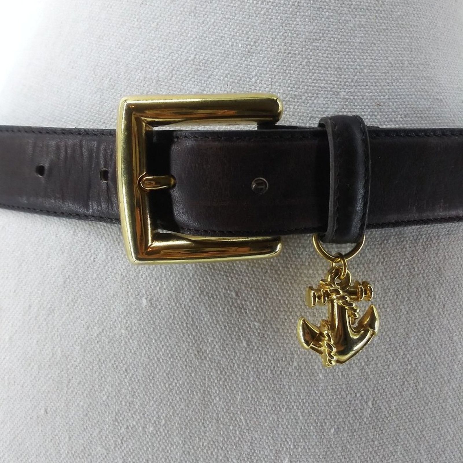 Vintage Women's Brown leather Belt Gold Buckle Anchor Nautical M L Size ONE SIZE - 5 Thumbnail