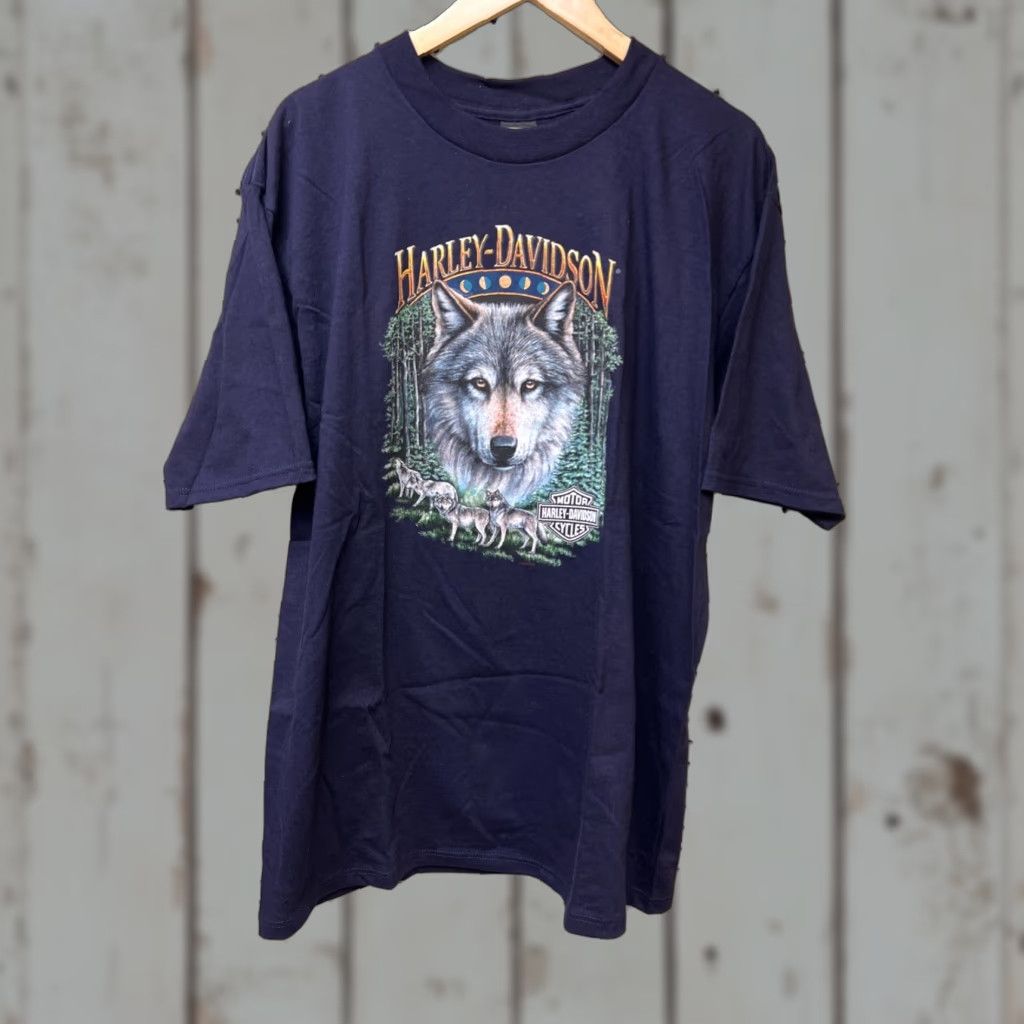 Harley Davidson Vtg 1998 Harley-Davidson Barre VT Wolf Biker T-Shirt XL Blue Short Sleeve Men Logo Graphic Print Crew Neck 90s Vintage Shirt Size US XL / EU 56 / 4 - 1 Thumbnail