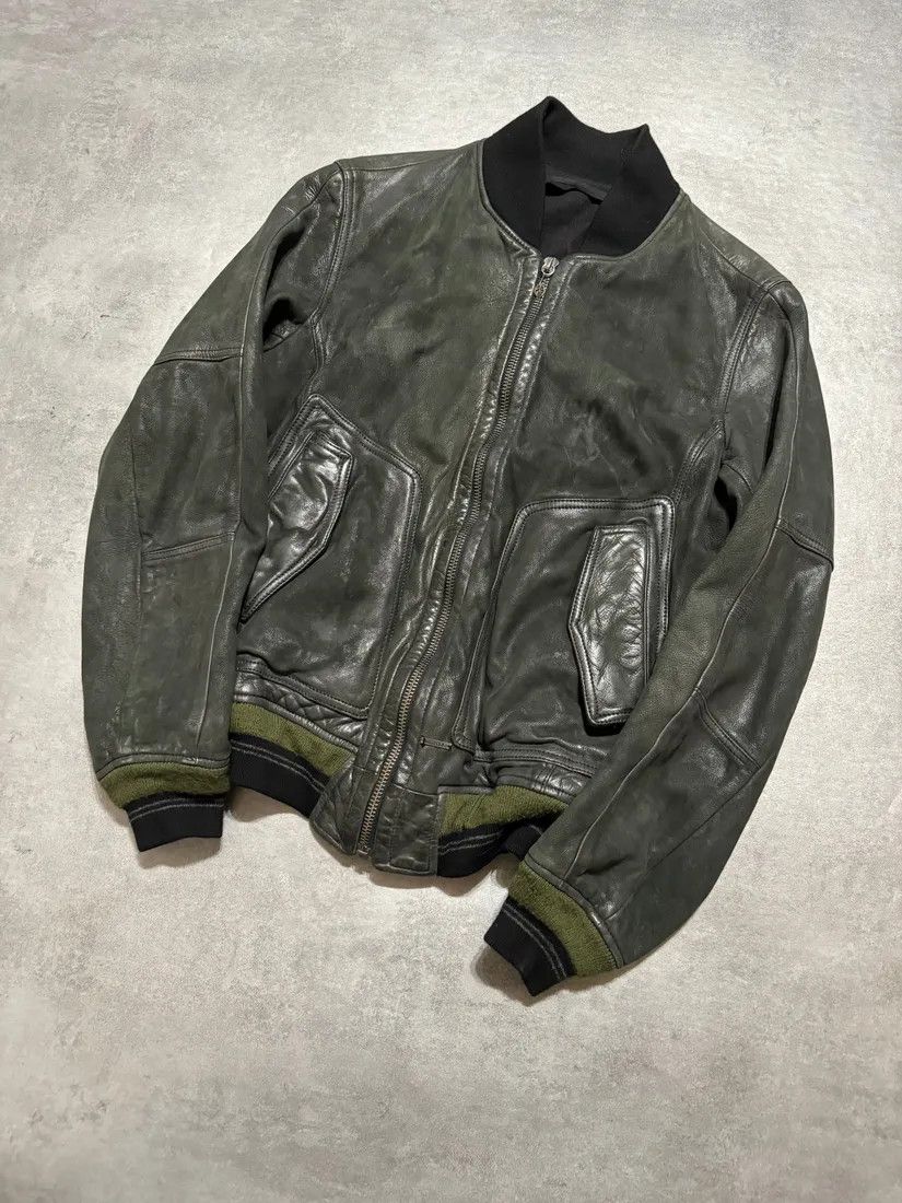 Designer × Diesel × Vintage 2000s Diesel Olive Biker Eroded Polished Leather Jacket Size US M / EU 48-50 / 2 - 3 Thumbnail