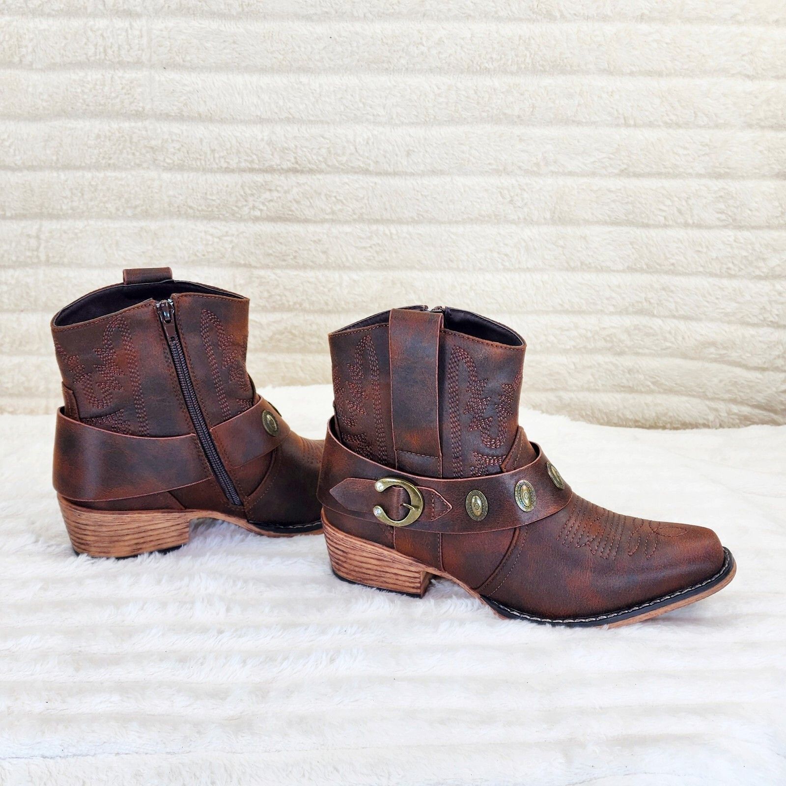 Other Wild West Brown Distressed Western Cowgirl Pull On Ankle Boo Size US 8.5 / IT 38.5 - 3 Thumbnail