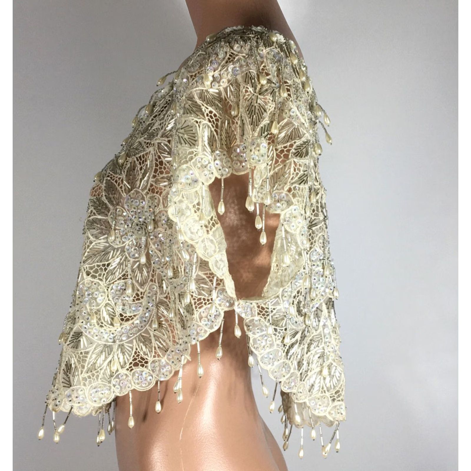Vintage VINTAGE Shawl Bridal Sequin Glass Pearl Fringe Beaded Wedding Ivory Women Size ONE SIZE - 5 Thumbnail