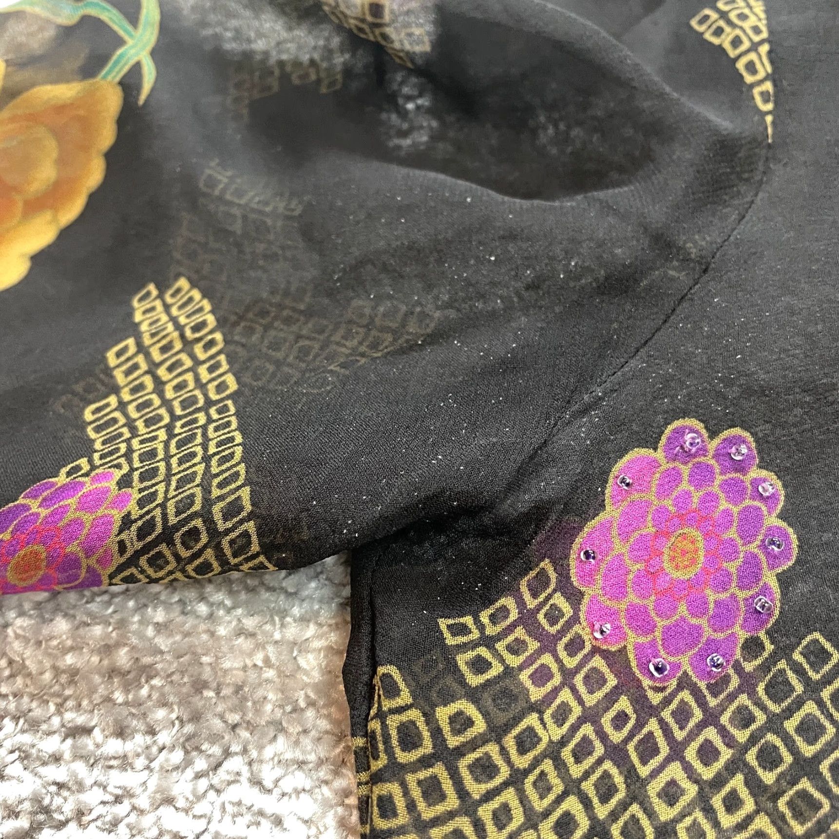 Vintage Chadwick's Blouse Button Up Top Womens M Black Purple Sheer Tropical Floral Size M / US 6-8 / IT 42-44 - 3 Thumbnail