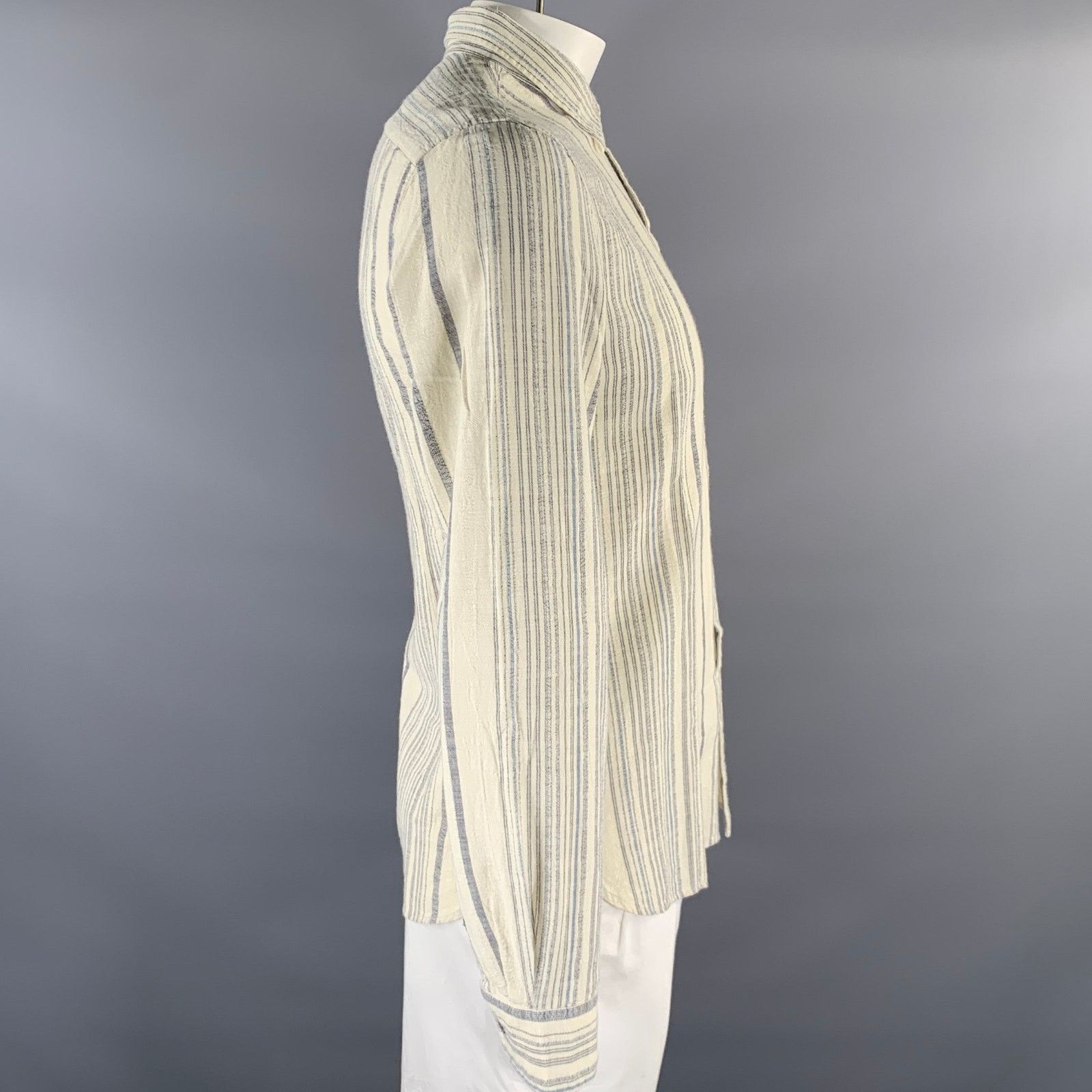 John Varvatos JOHN VARVATOS U.S.A. L Cream Blue Stripe Cotton L/S Shirt Size US L / EU 52-54 / 3 - 3 Thumbnail