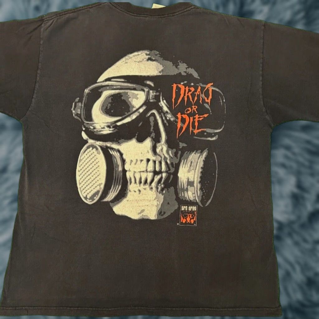 Agora VINTAGE 90s Drag Or Die Skull Drag Racing Pro Drag VTG Shirt Mens XL Black Size US XL / EU 56 / 4 - 1 Thumbnail