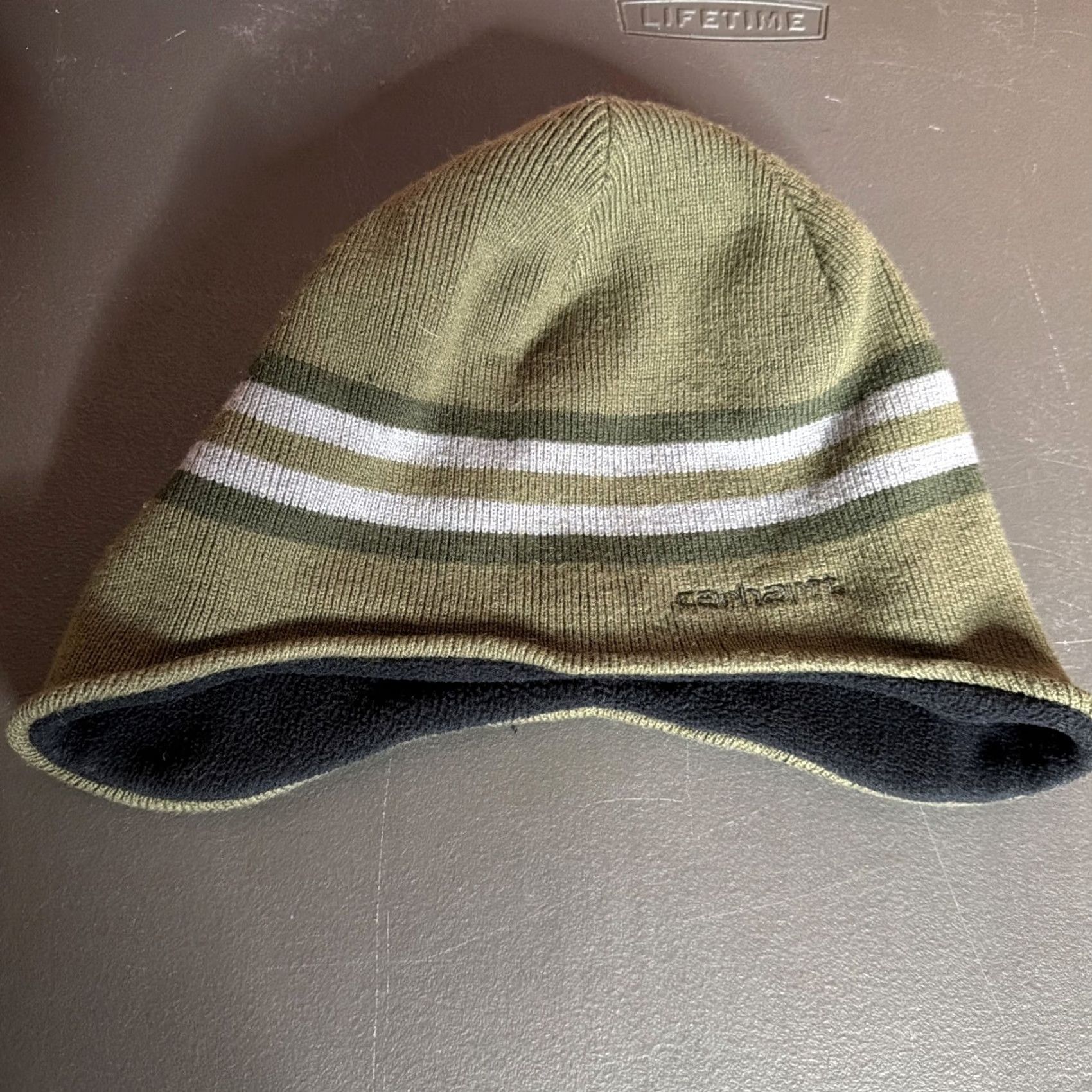 Carhartt Carhartt Beanie Hat One Size Green Knit Striped Ear Flap Fleece Lined Winter Cap Mens Size US M / EU 48-50 / 2 - 2 Thumbnail