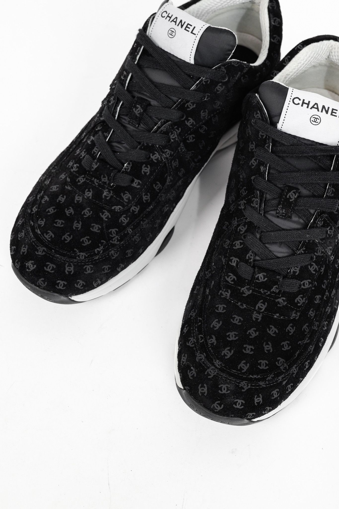 Chanel Chanel 22A Black Printed-CC-Logo Suede Low-Top Sneakers Size US 12 / EU 45 - 8 Thumbnail