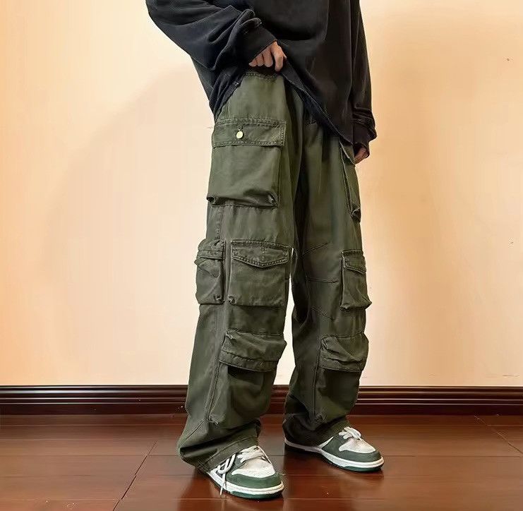 Japanese Brand Olive Green Baggy Cargo Pants - Y2K Skate Streetwear Size US 31 - 4 Thumbnail