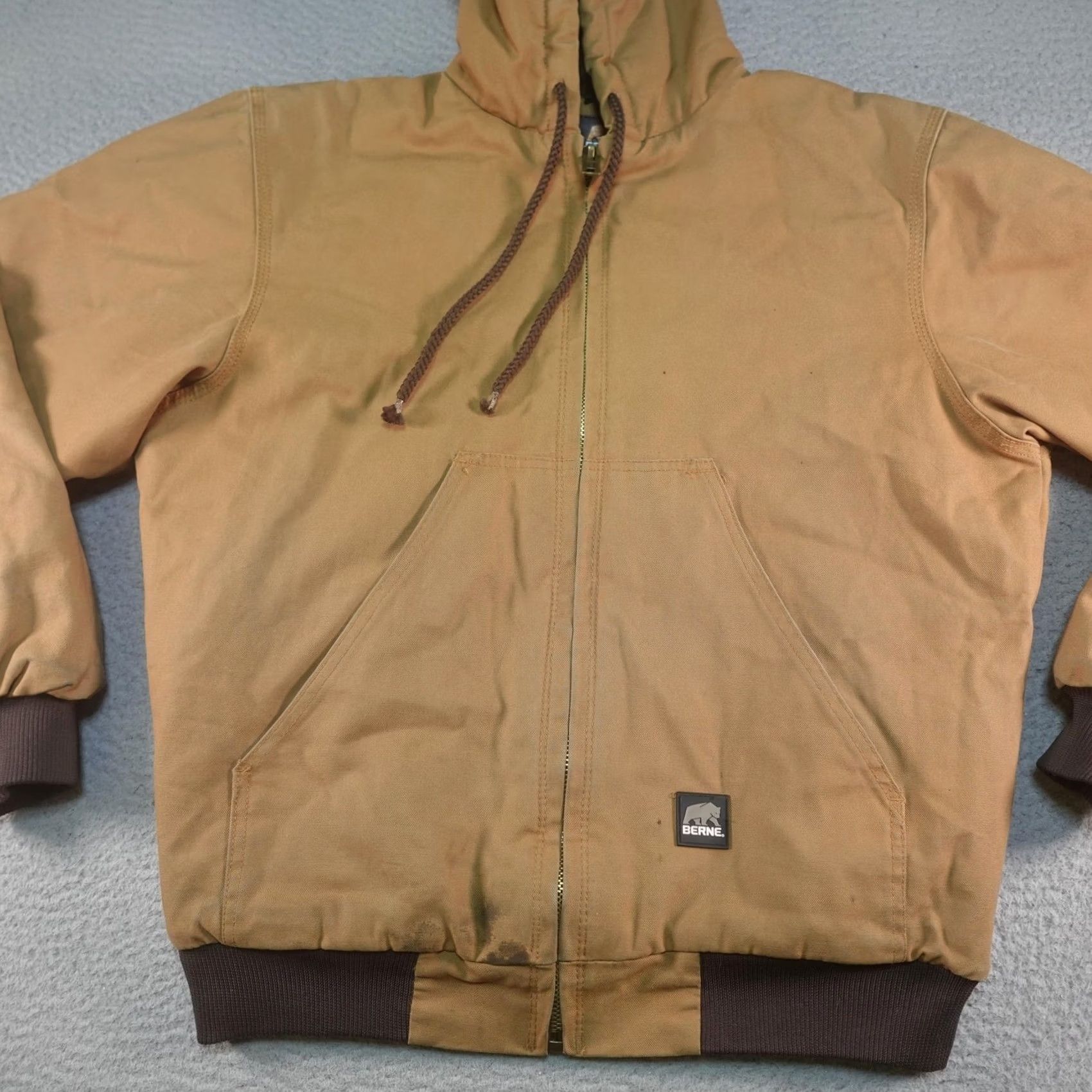 Vintage Berne Jacket Mens M Brown Canvas Hooded Quilted Lined Insulated Workwear Bomber Zip Pockets Full Zip Size US M / EU 48-50 / 2 - 2 Thumbnail
