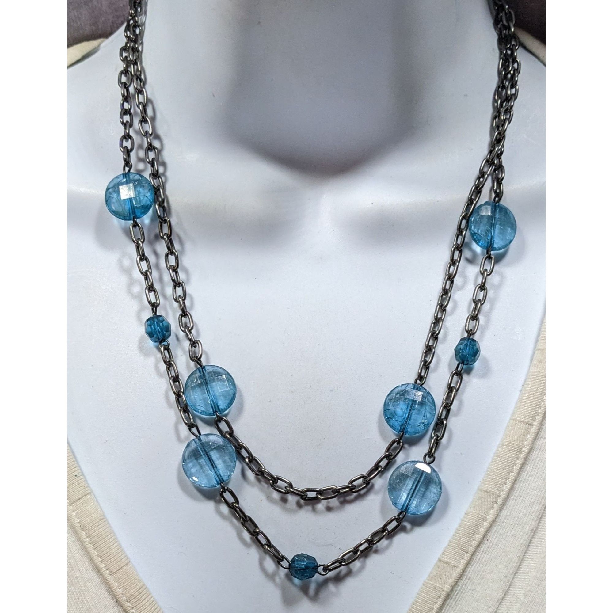 Other Double Strand Gunmetal Chain Necklace With Blue Crackle Acry Size ONE SIZE - 4 Thumbnail