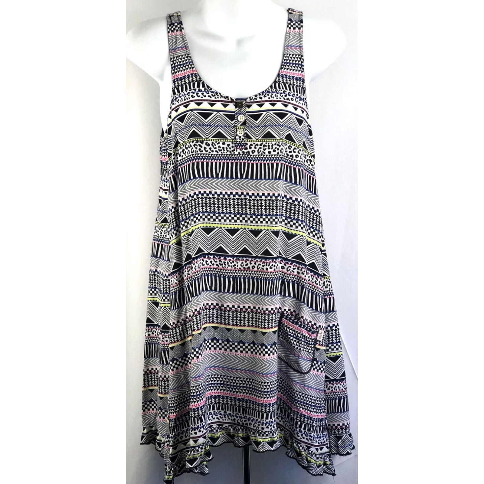 Vintage Vintage Tank Mini Dress M Jrs Blk/Wht Sleeveless Ruffles Geo Hi-Lo Boho Beach Size M / US 6-8 / IT 42-44 - 2 Thumbnail