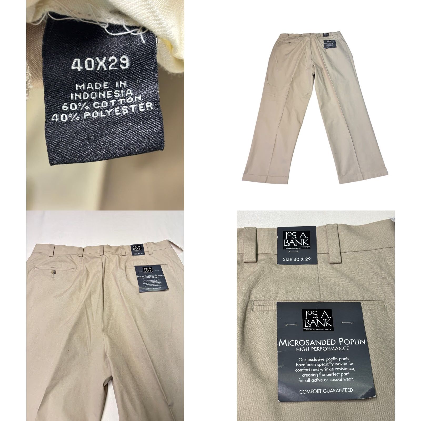 Vintage NWT JOS A BANK Mens Khaki Microsanded Poplin Pants 40x29 High Performance Size US 40 / EU 56 - 8 Thumbnail