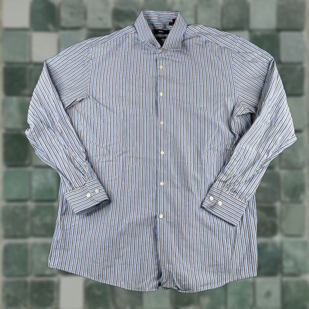 VINTAGE Hugo Boss Shirt 17 Blue Striped Sharp Fit Casual Button Up Long  Sleeve Mens