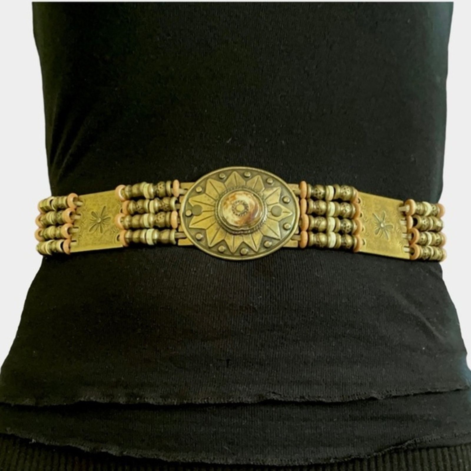 Other Streets Ahead Beaded Sun Brass Medallion Leather Belt Size ONE SIZE - 2 Thumbnail