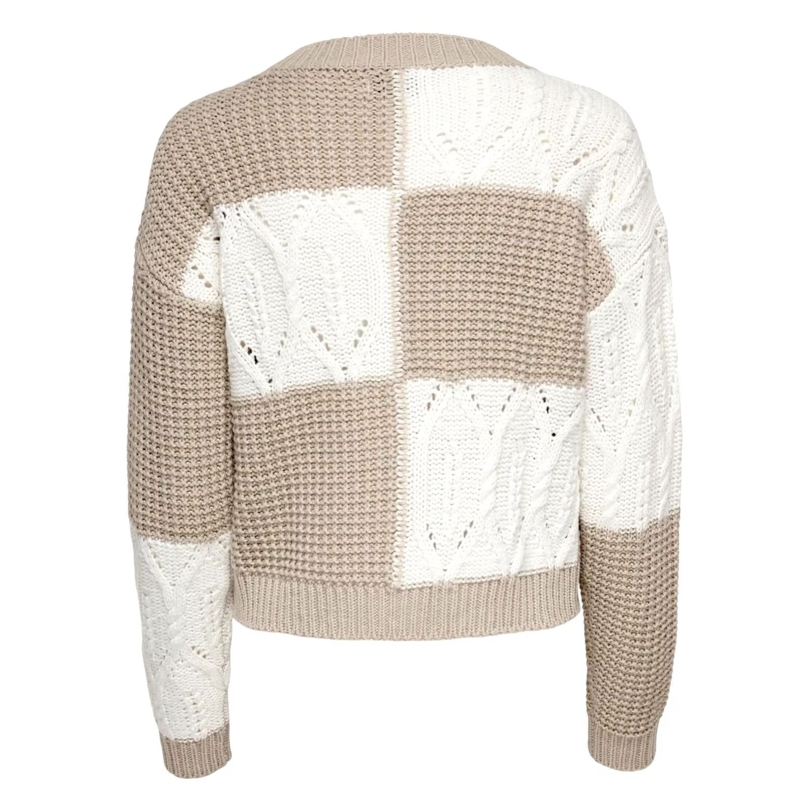 Vintage JDY Womens Jumper Beige White Large Cable Knit Crew Neck Pullover Patchwork Cosy Vintage No Woman Size L / US 10 / IT 46 - 4 Thumbnail