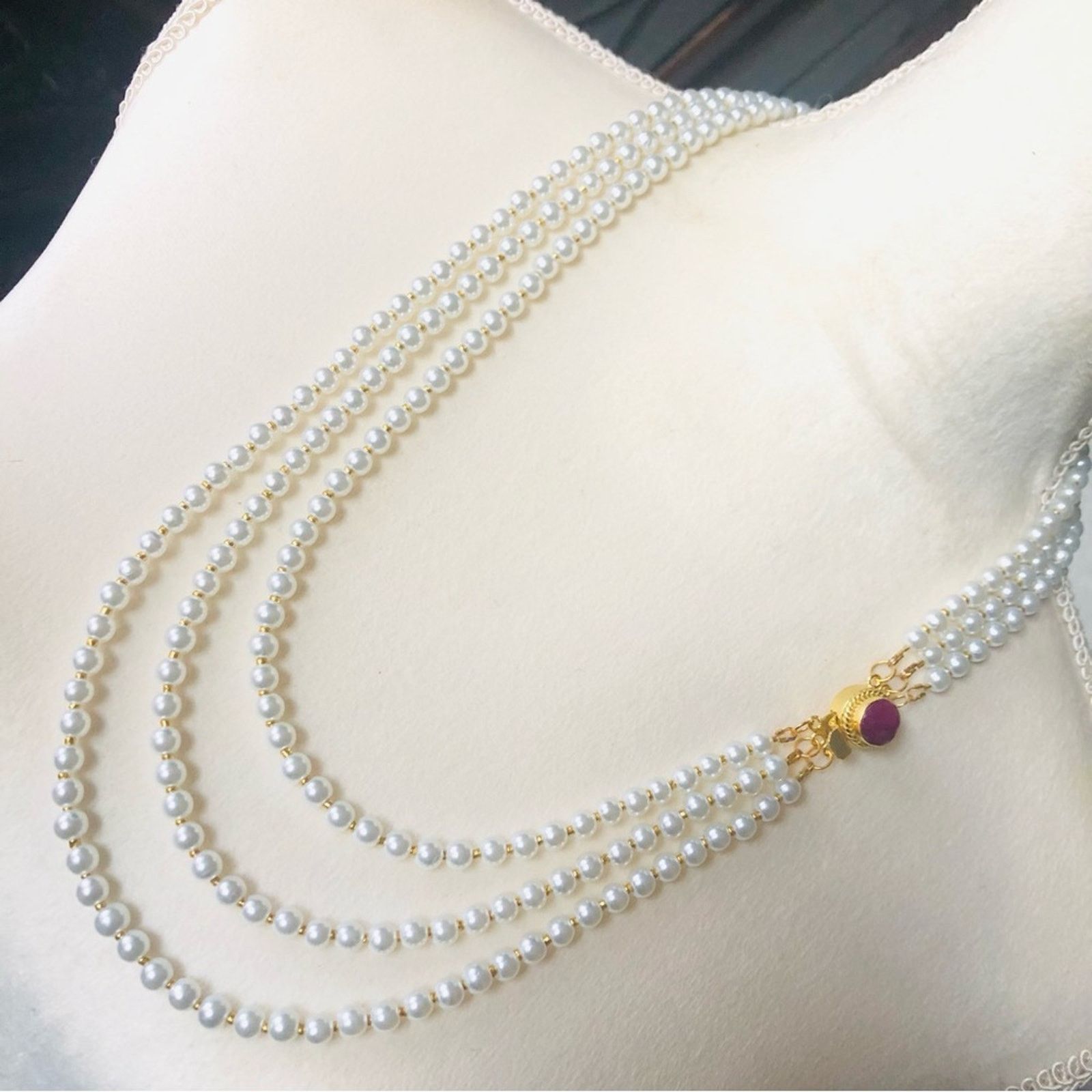 Handmade Handcrafted triple strand pearl genuine ruby clasp necklace Size ONE SIZE - 1 Thumbnail