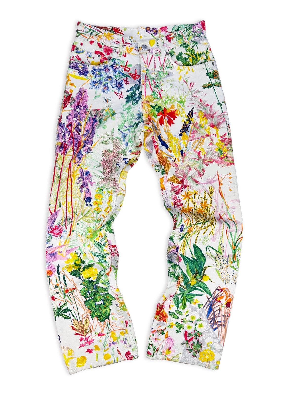 image of Ss05 Helmut Lang ‘Swiss’ White Floral Print Flared Denim, Men's (Size 29)