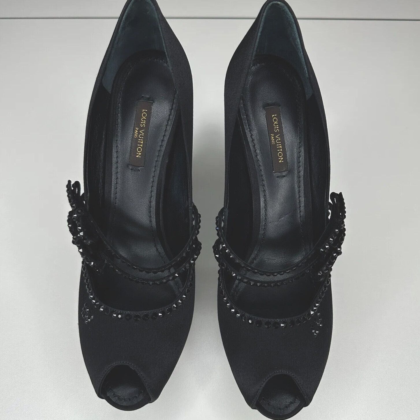 Louis Vuitton Louis Vuitton Black Satin Open Toe Crystal Strap Pumps 37.5 Size US 7 / IT 37 - 3 Thumbnail