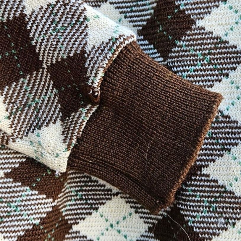 Vintage 1970s Japan Knit Cardigan XS Argyle Brown Cream V-Neck Butto Size XXS / US 00 / IT 34 - 9 Thumbnail
