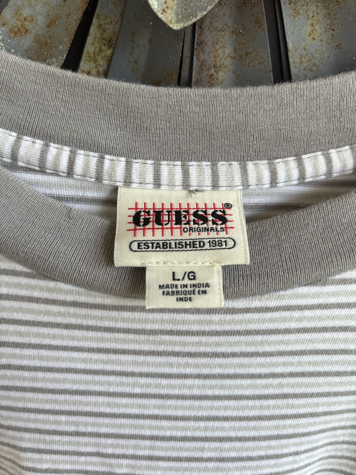 Guess × Vintage GUESS Originals Gray/White Striped T-Shirt Size US L / EU 52-54 / 3 - 4 Thumbnail