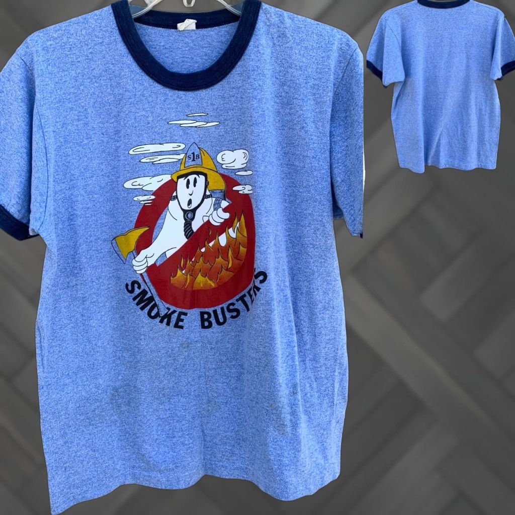 Vintage VINTAGE Smoke Busters Ringer Tee 80s T Shirt Ghost In Fire Fighter Hat Fireman M Blue Men Graphic Tee 1980s Size US M / EU 48-50 / 2 - 1 Thumbnail