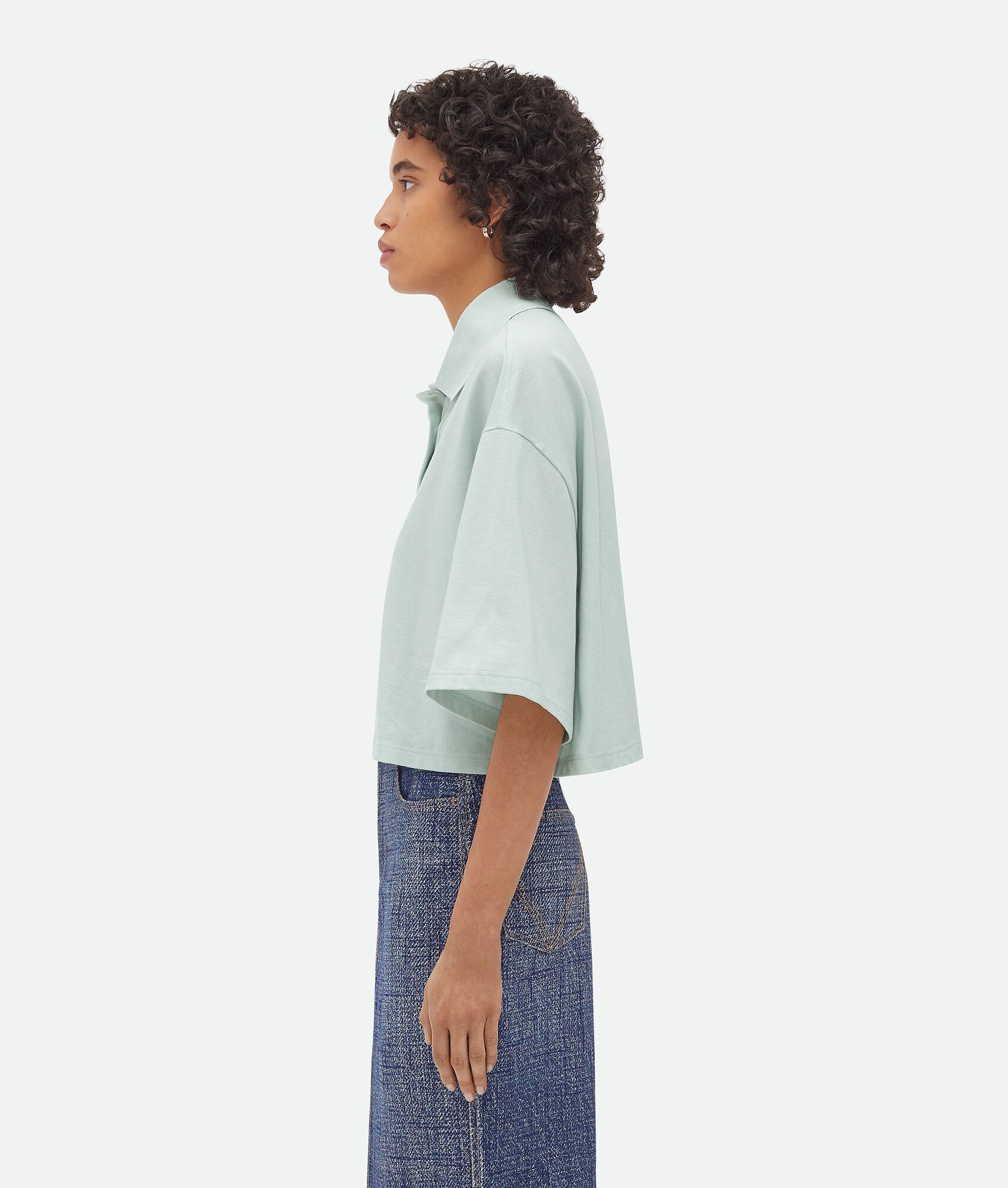 Bottega Veneta o1n1vont1224 Cropped Cotton Piquet Polo Shirt in Light Cyan Size L / US 10 / IT 46 - 2 Thumbnail
