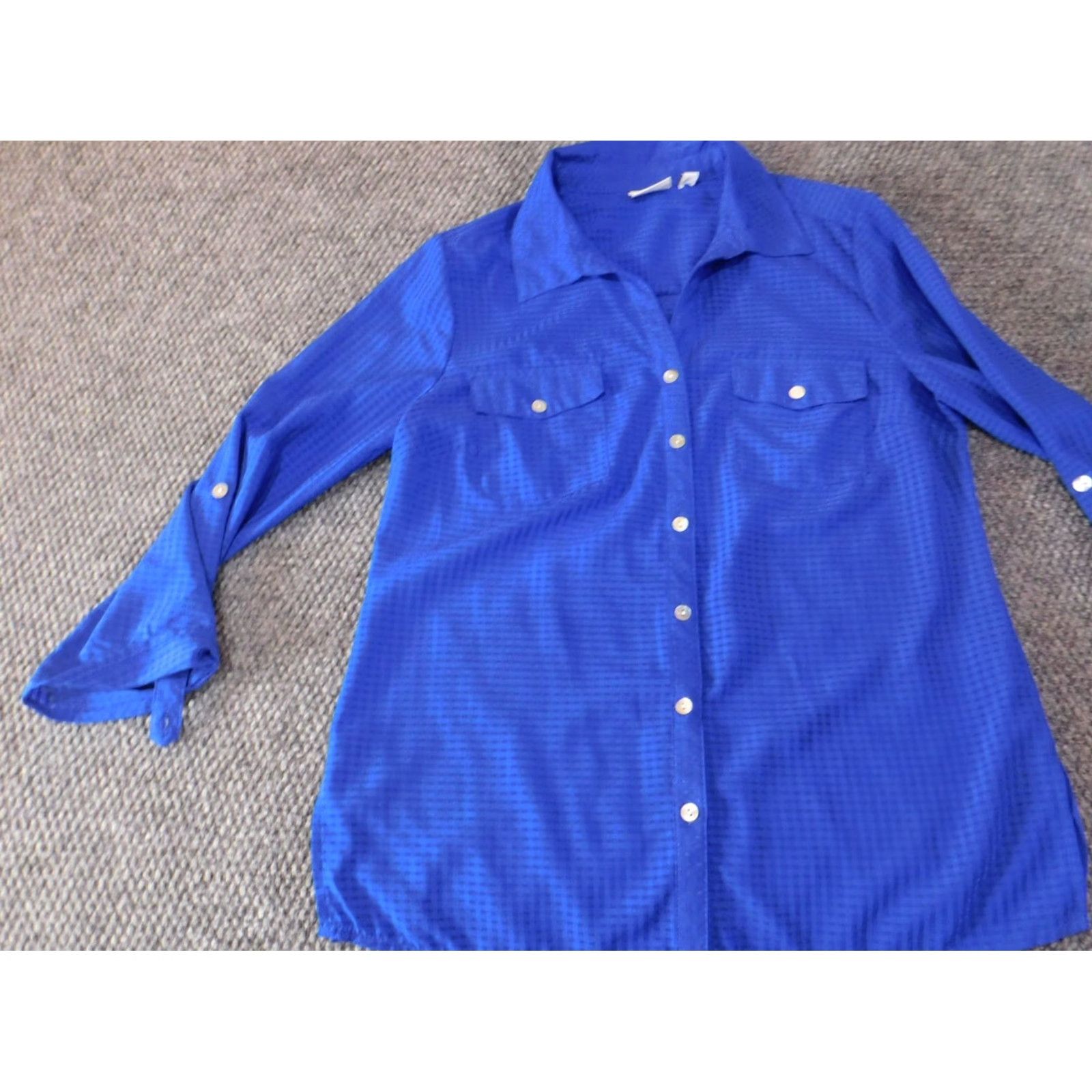 Vintage Kim Rogers Womens Blouse PM Petites Blue Button-Up Plaid Polyester Shirt Short Sleeve Collared Casual Knit Stretch Gud? Size M / US 6-8 / IT 42-44 - 3 Thumbnail
