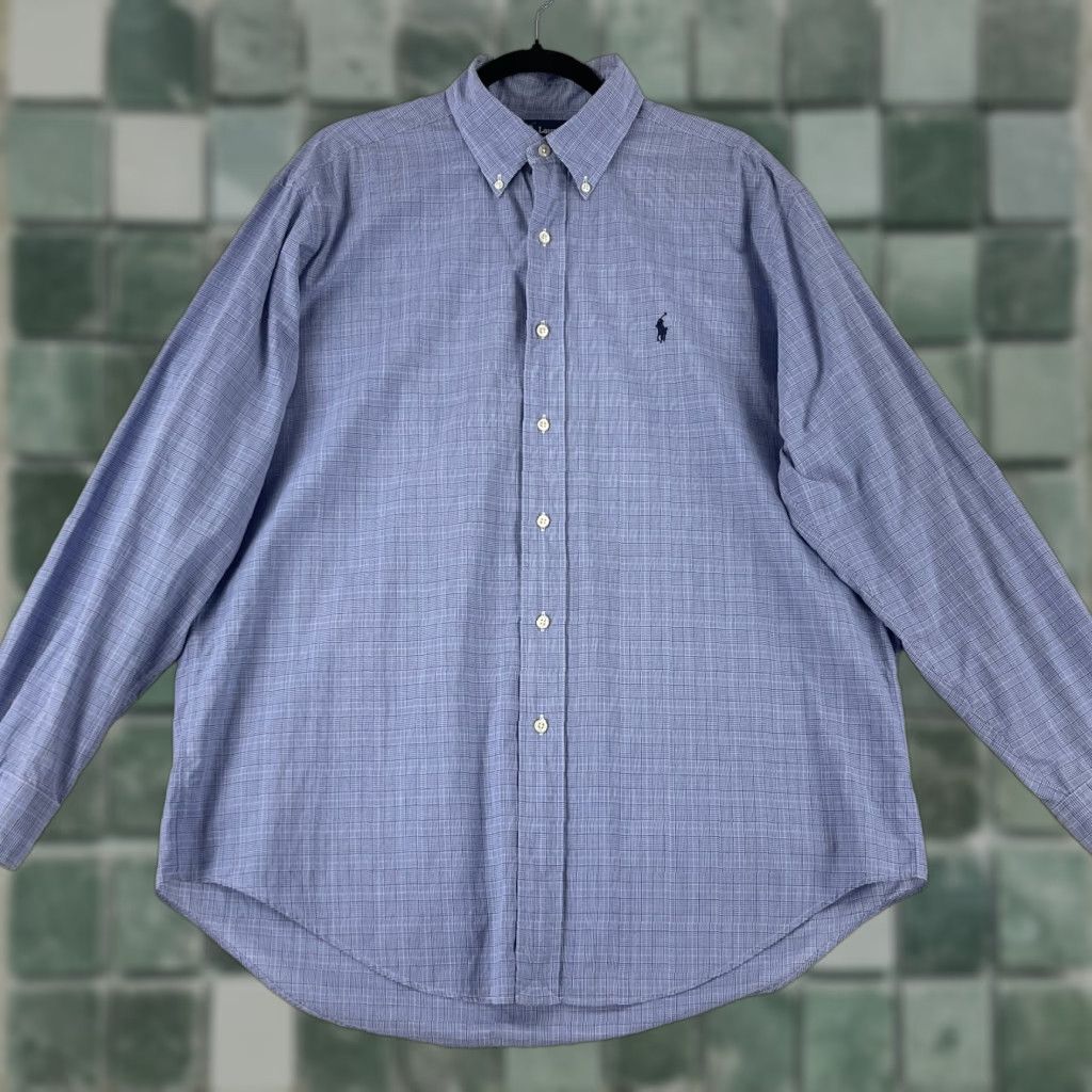 Ralph Lauren VINTAGE Ralph Lauren Button-Down Dress Shirt Men Large Blue Plaid Long Sleeve VTG Cotton Size 42R - 1 Thumbnail