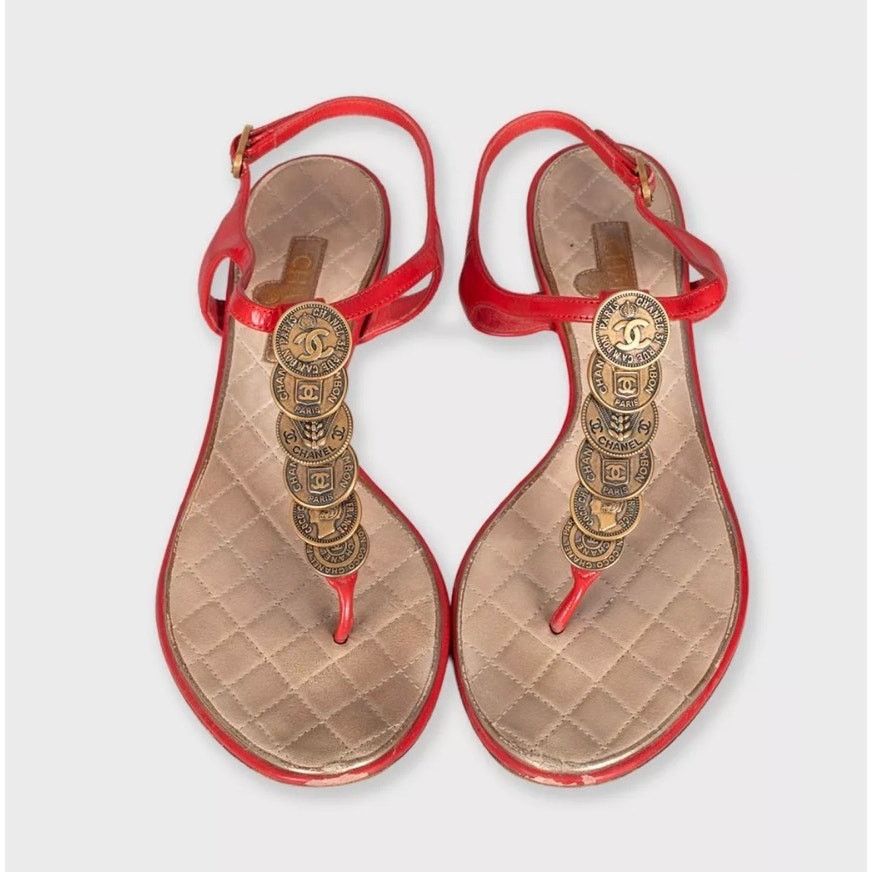 Chanel Chanel Red Leather Block Heel Open Toe Sandals Size 38 Size US 7 / IT 37 - 2 Thumbnail