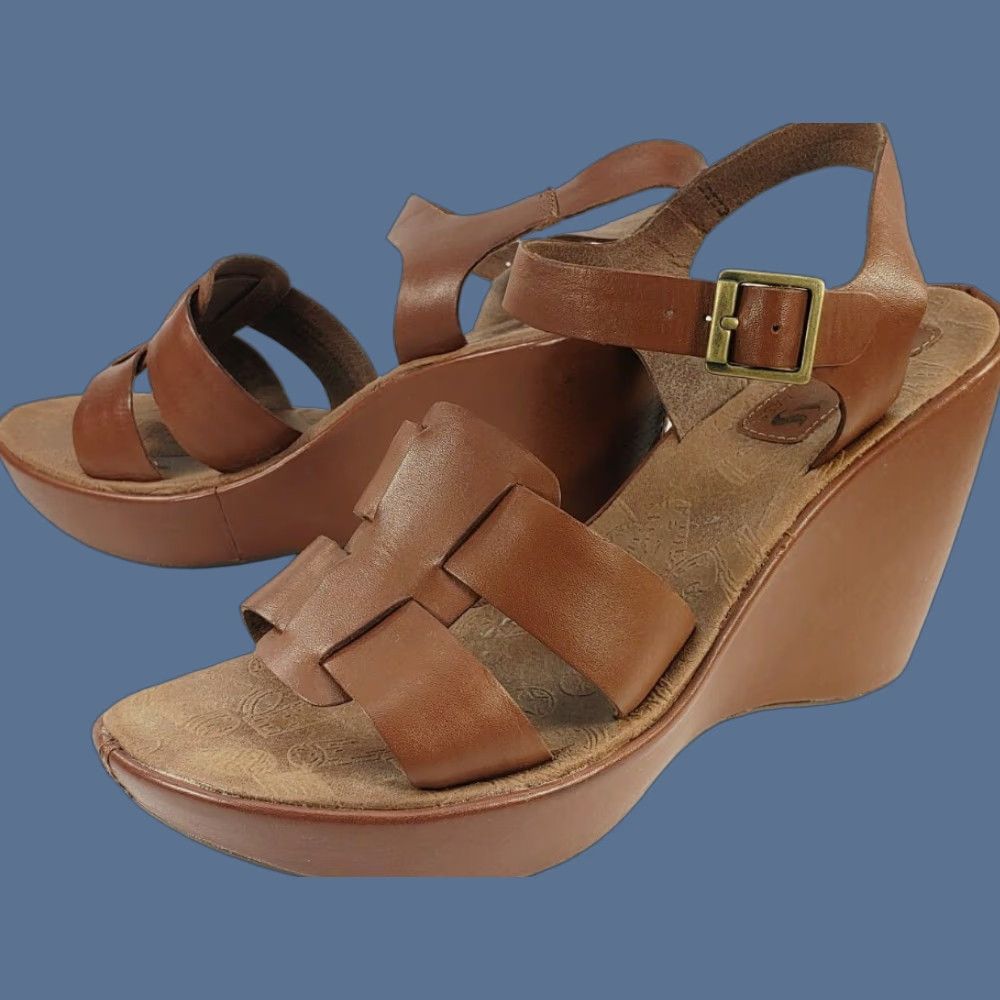 Vintage Korks by Kork-Ease Della Brown Leather Wedge Platform Sandals Women's 9M 40.5EU Size US 9 / IT 39 - 1 Thumbnail