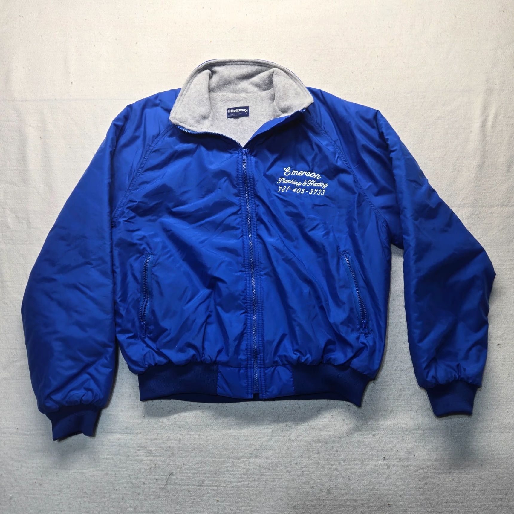 Holloway VINTAGE Holloway Emerson Plumbing & Heating Varsity Jacket Nylon Lined Men's XL Blue 80s Classic Football Style Snap Front Pockets Size US L / EU 52-54 / 3 - 2 Thumbnail