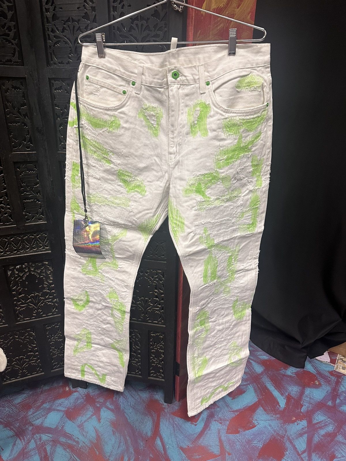 image of Endless White Jean Green Stitching, Men's (Size 36)