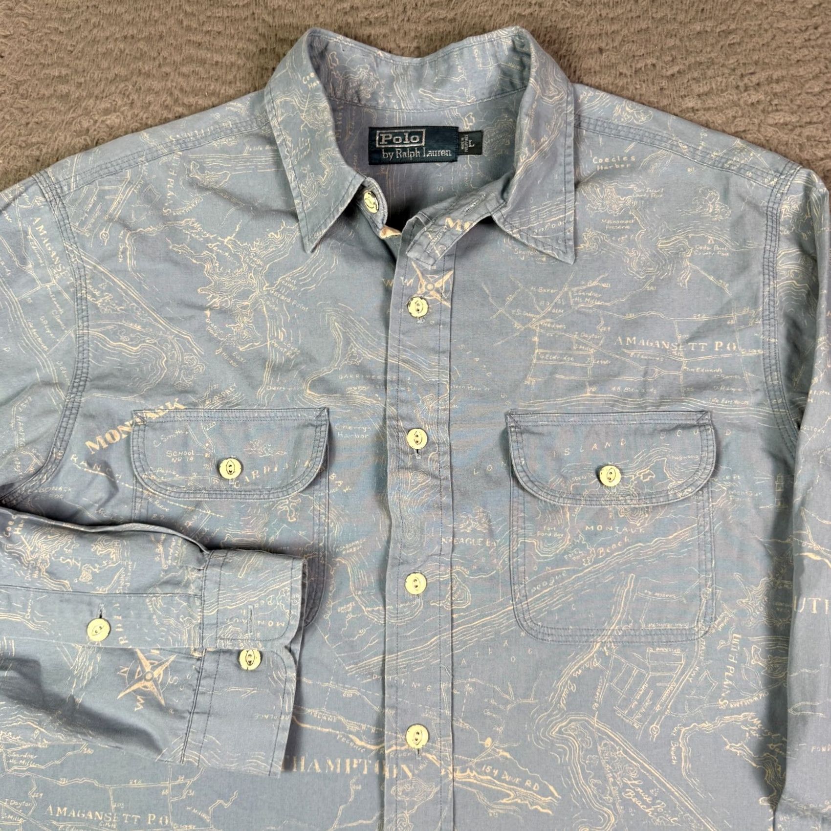Polo Ralph Lauren VINTAGE Polo Ralph Lauren Montauk Map Print Shirt Mens L Blue Long Sleeve Chin Strap Size US L / EU 52-54 / 3 - 2 Thumbnail