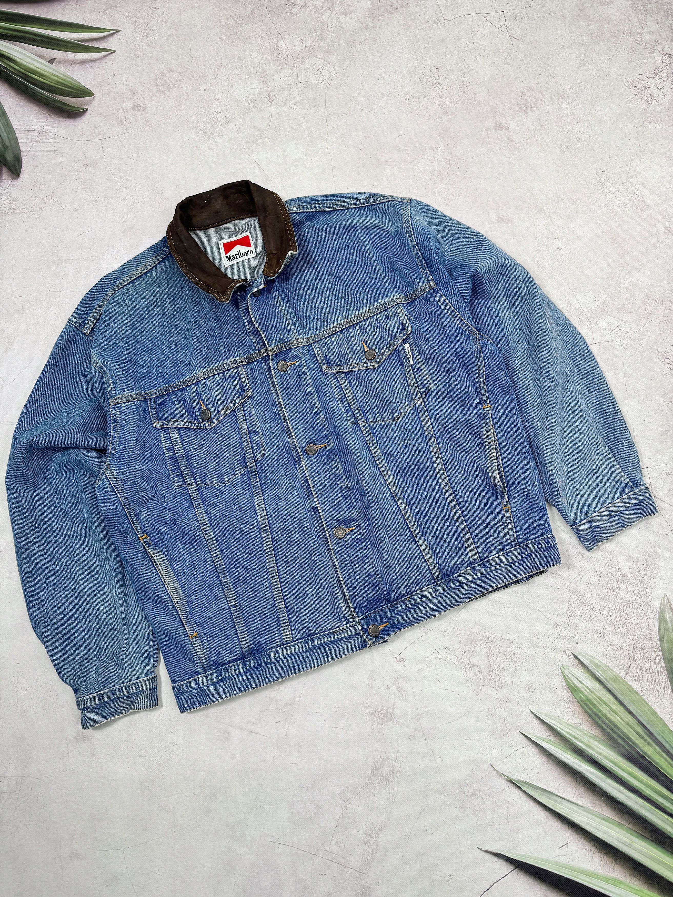 Marlboro × Vintage Vintage Marlboro Denim Jacket & Leather Collar Size US XL / EU 56 / 4 - 1 Thumbnail