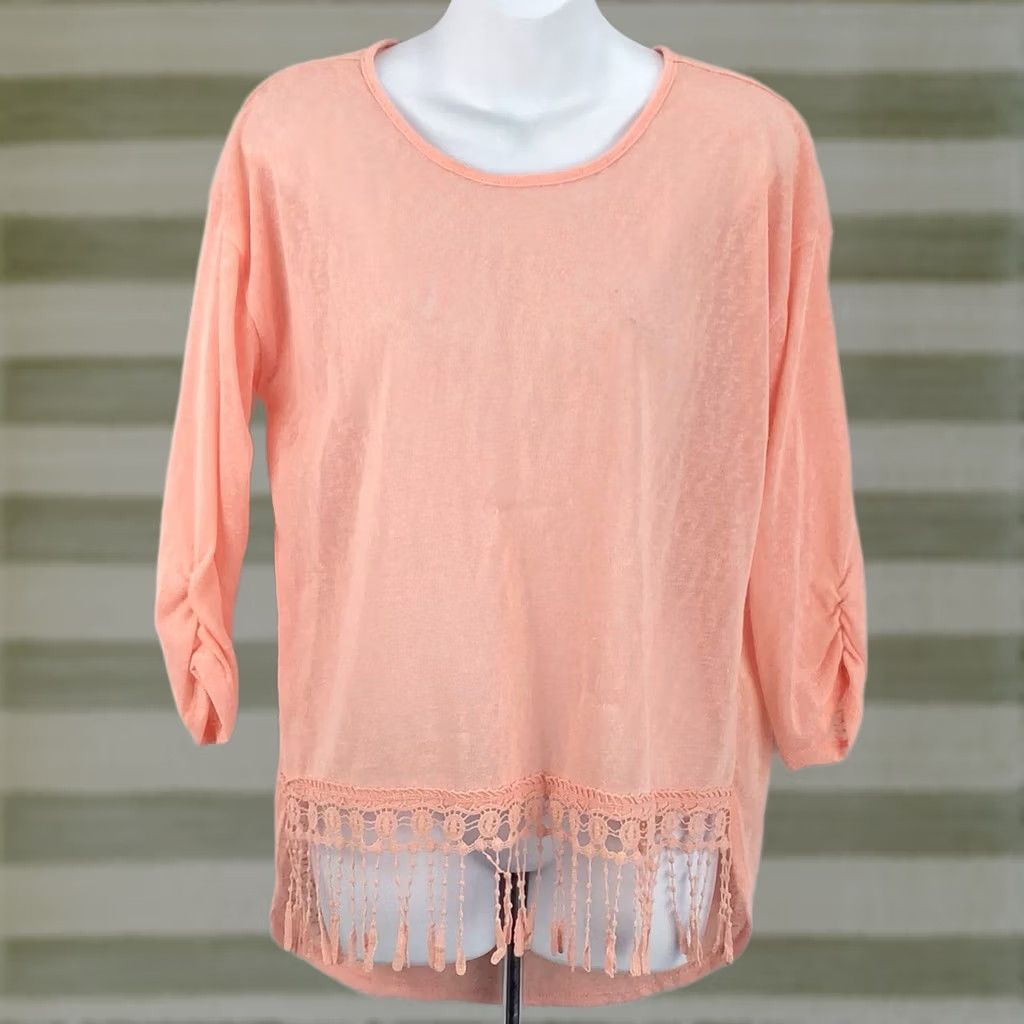 Vintage NoBo Tunic Sweater L Peach Crochet Fringe Hem 3/4 Sleeve Beach Boho Size L / US 10 / IT 46 - 1 Thumbnail