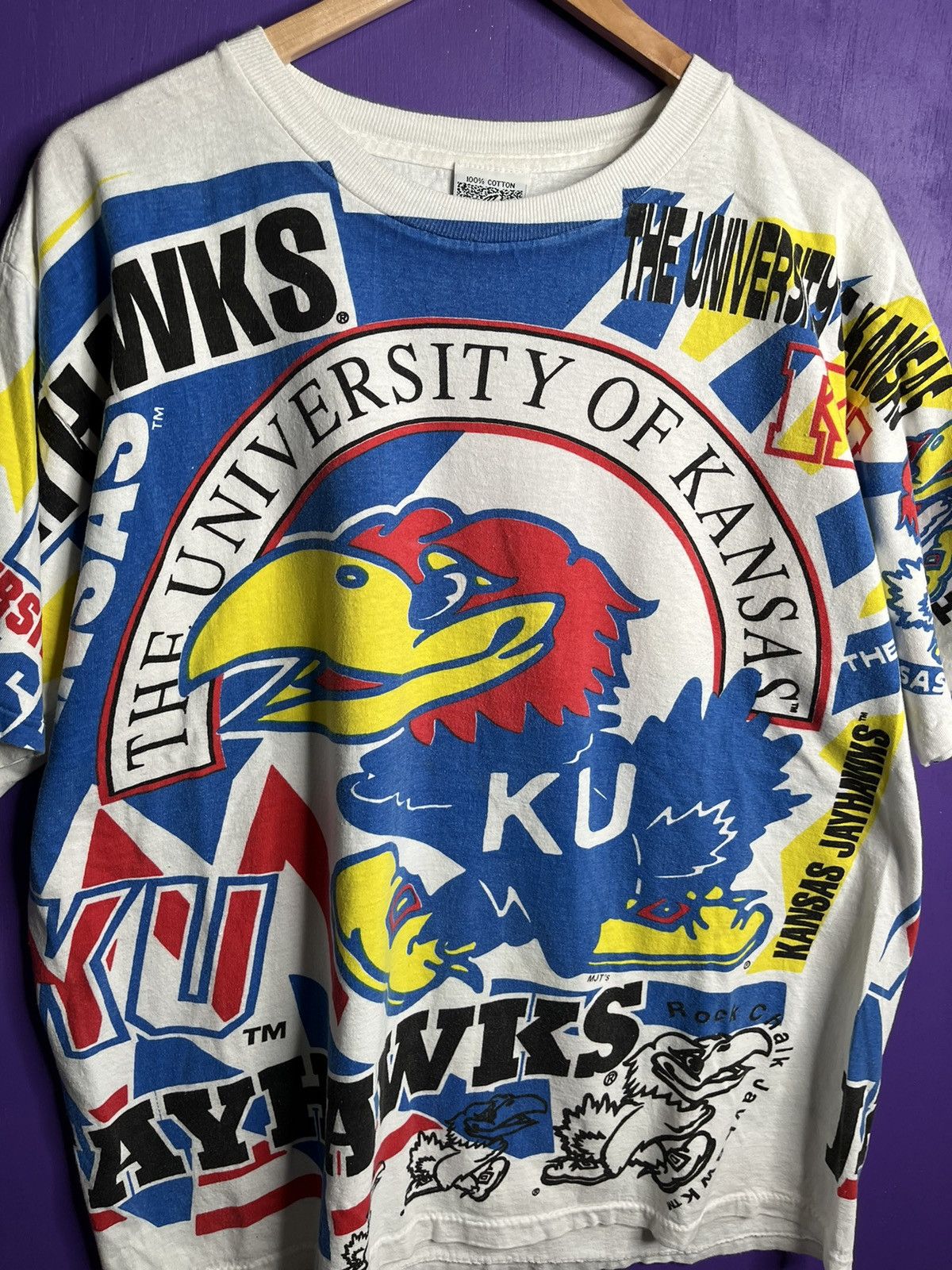 Vintage Vintage 90s Kansas Jayhawks AOP logo t-shirt Size US XL / EU 56 / 4 - 3 Thumbnail