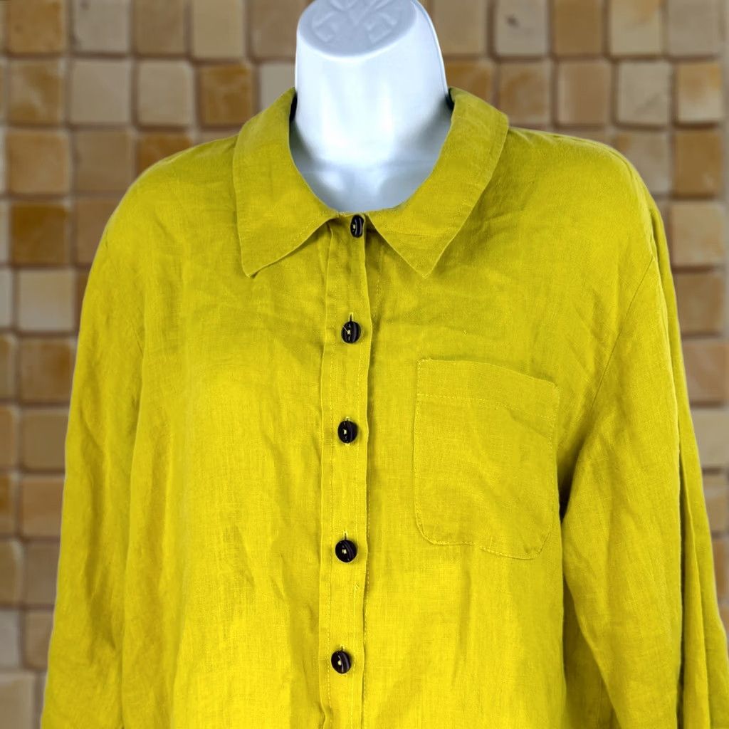 FLAX FLAX Blouse Tunic Top Linen Yellow Small Button Down Long Sleeve Collared Women Shirt Blouse Fashion Size S / US 4 / IT 40 - 1 Thumbnail