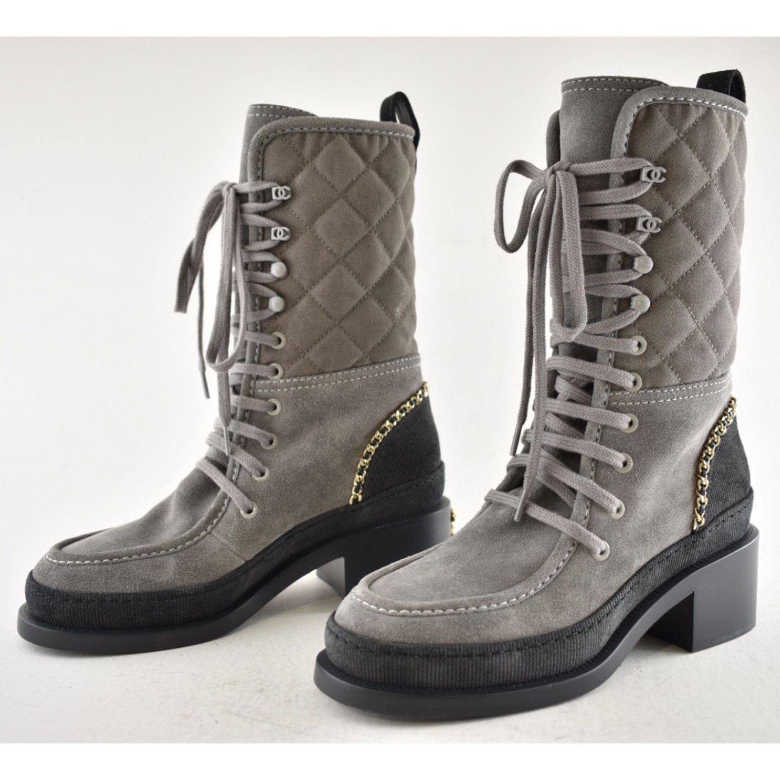 Chanel Chanel 24K Grey Quilted Suede Chain CC Combat Boots 36 Size US 6 / IT 36 - 12 Thumbnail