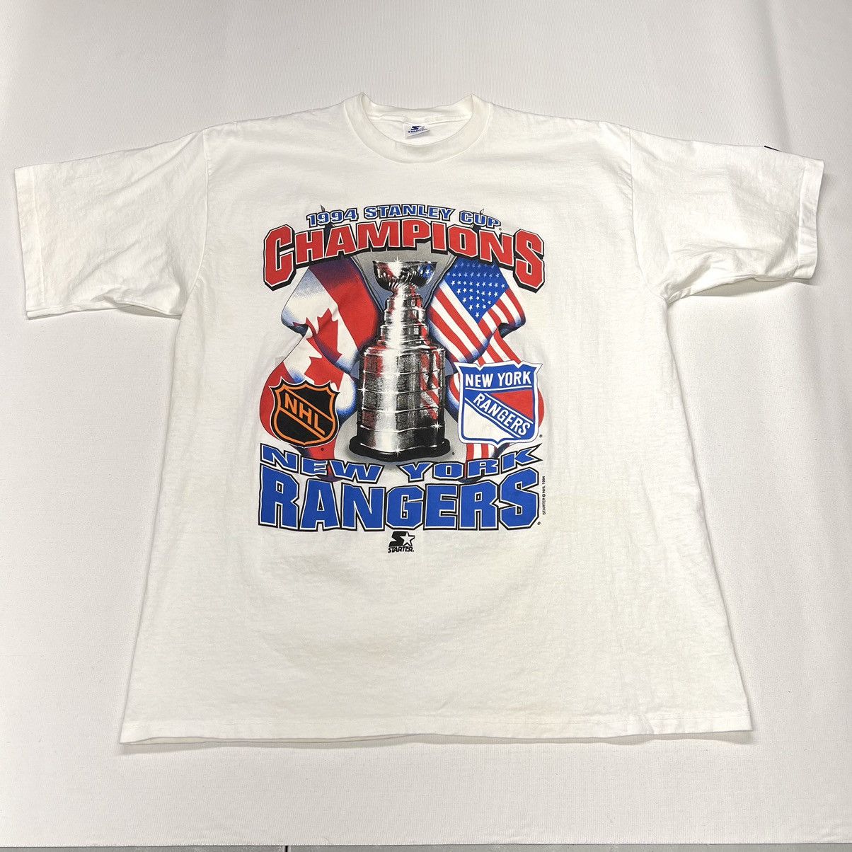 NHL × Starter × Vintage VTG NY Rangers Tee Shirt White Stanley Cup Champions NHL 90s Size US XL / EU 56 / 4 - 1 Thumbnail