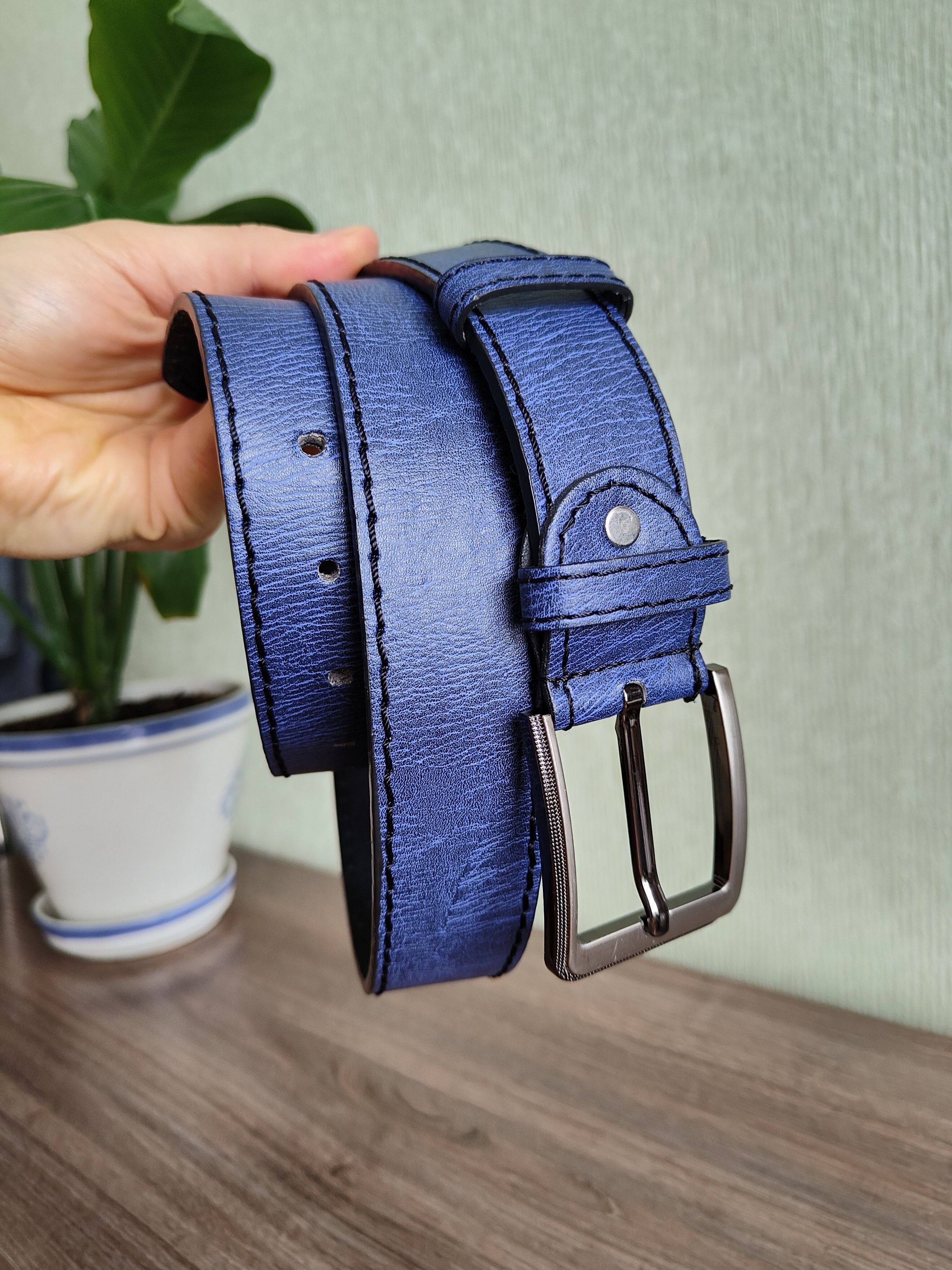 Genuine Leather Men's Leather Belt Blue Nova Check Leather Belt Size ONE SIZE - 6 Thumbnail