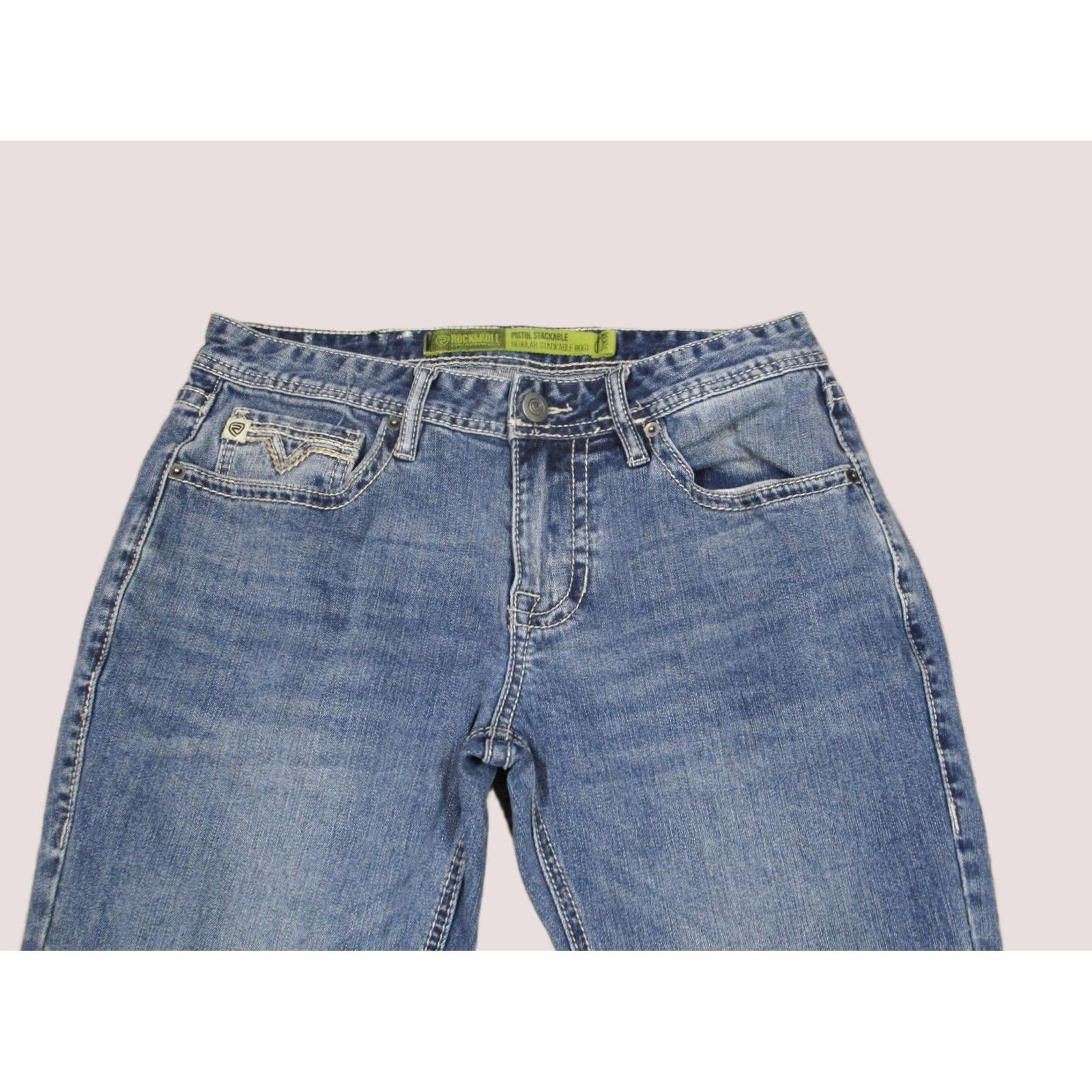 Pistola Rock and Roll Cowboy Rock & Roll Jeans Men 31x34 Blue Bootcut Pistol Stackable Jeans Light Wash Denim Regular Mens Size US 31 - 1 Thumbnail