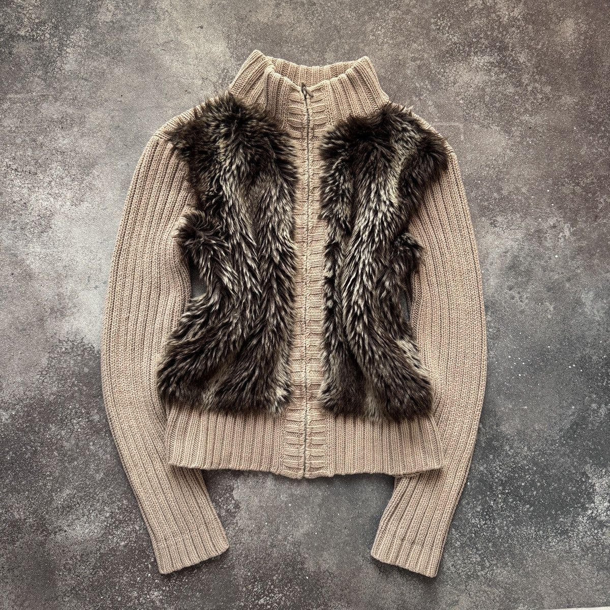 Japanese Style Vintage Faux Fur Knit Zip Sweater