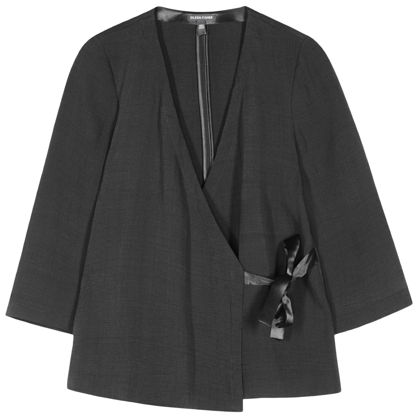 Eileen Fisher Black Silk Blend Kimono 3/4 Sleeve Wrap Top L