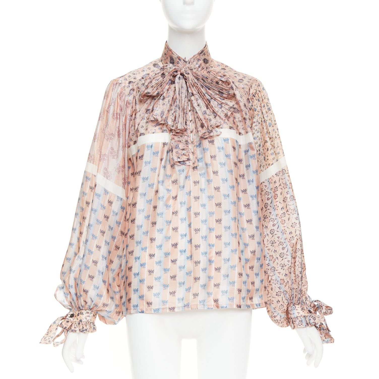 Louis Vuitton LOUIS VUITTON 2018 Runway 100% silk pink floral stripes pussybow tie-neck blouse FR36 S Size S / US 4 / IT 40 - 1 Thumbnail