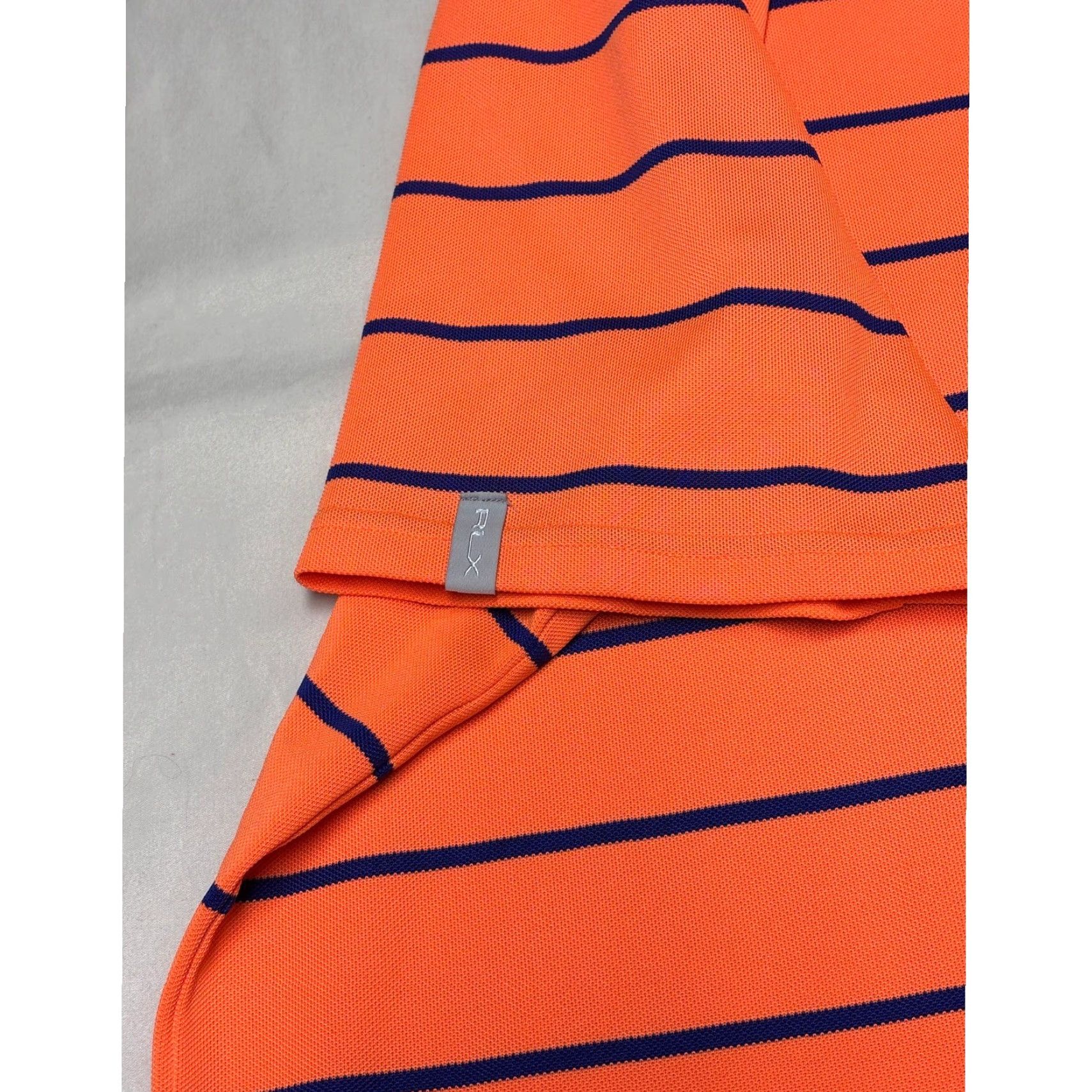 RLX Ralph Lauren RLX Ralph Lauren Mens Large Orange Navy Blue Striped Performance Golf Polo Shirt Size US L / EU 52-54 / 3 - 2 Thumbnail