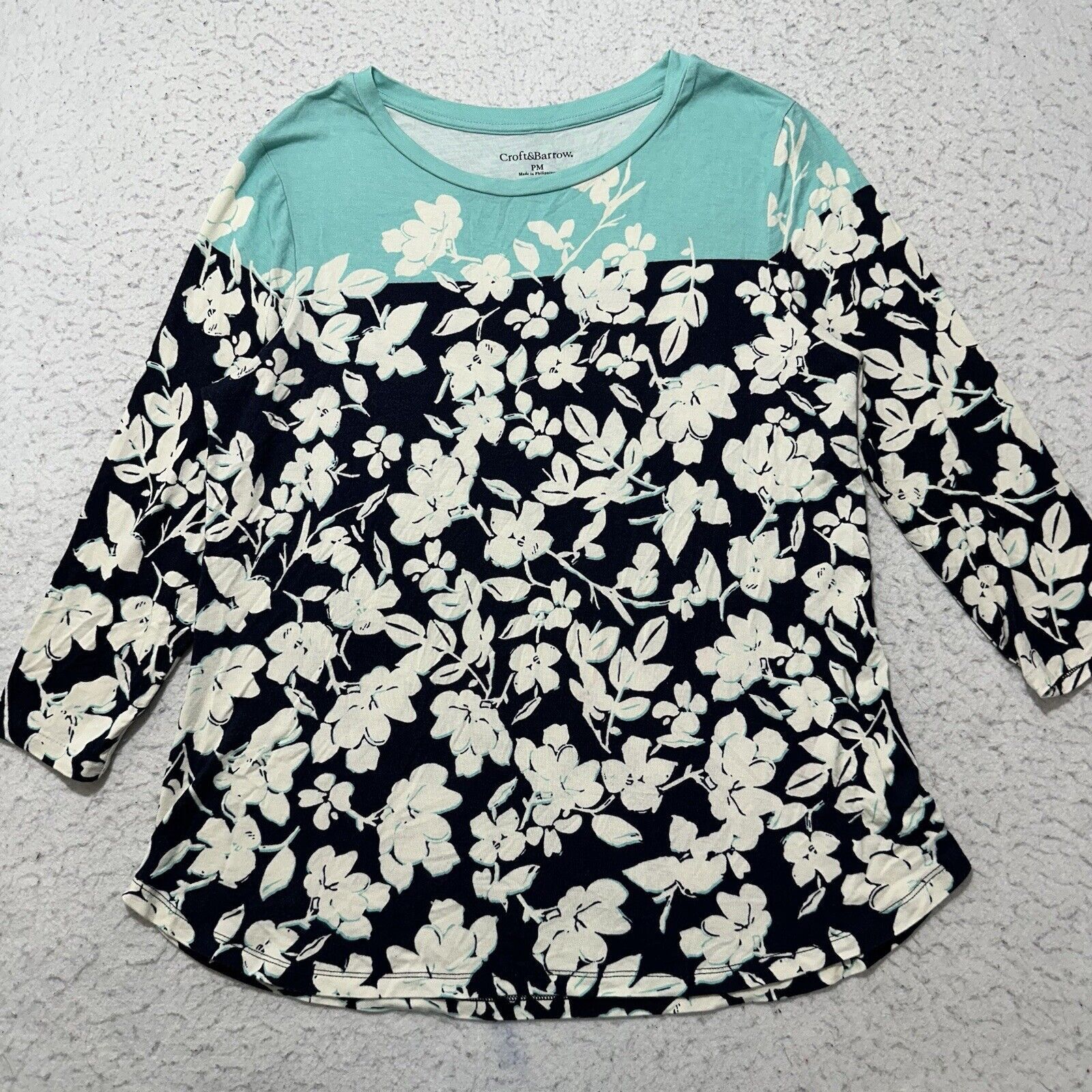 Croft & Barrow Croft & Barrow PM Teal Navy Blue Floral Blouse T Shirt Size M / US 6-8 / IT 42-44 - 1 Thumbnail
