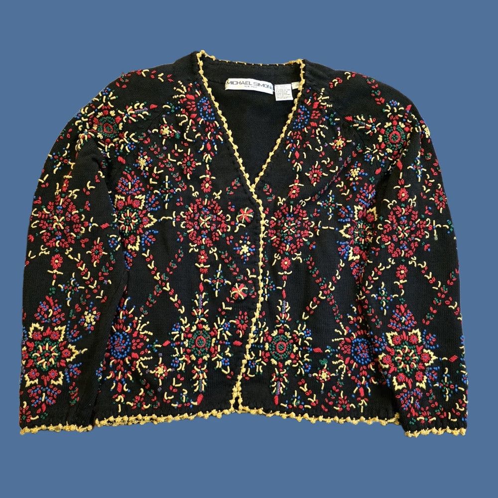 Simons VINTAGE Michael Simon Cardigan Sweater 3D Embroidered Flowers Black Sz M Medium Women Size M / US 6-8 / IT 42-44 - 1 Thumbnail