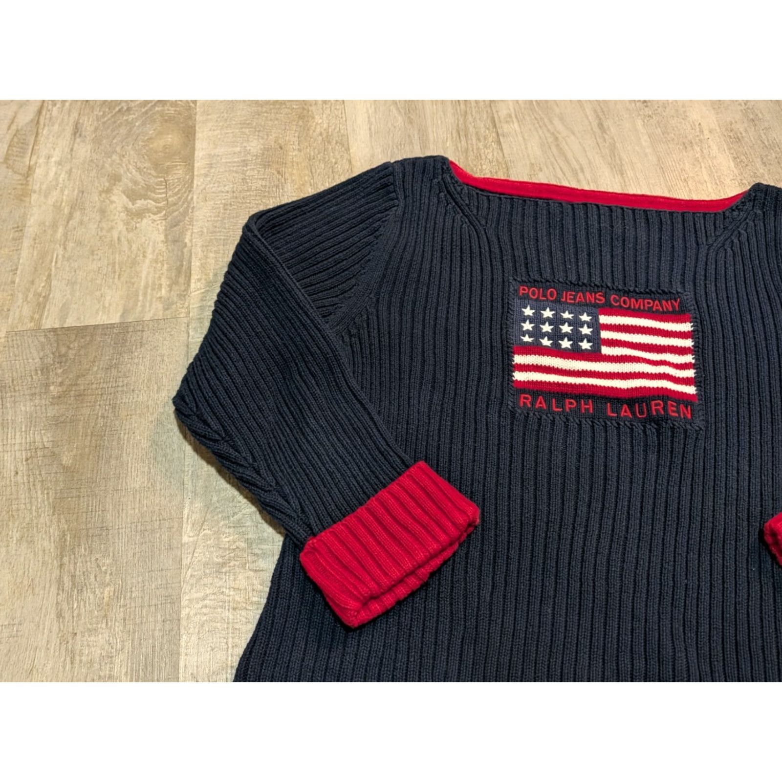 Ralph Lauren VINTAGE Ralph Lauren Jumper Women XL Navy Blue USA Flag 80s 90s Designer Pullover Knit Logo Embroidered Easy Care All Seasons Size XL / US 12-14 / IT 48-50 - 4 Thumbnail