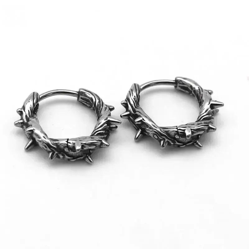 Chain x Jewelry Retro Punk Black Thorn Hoop Earrings in Silver, Men's