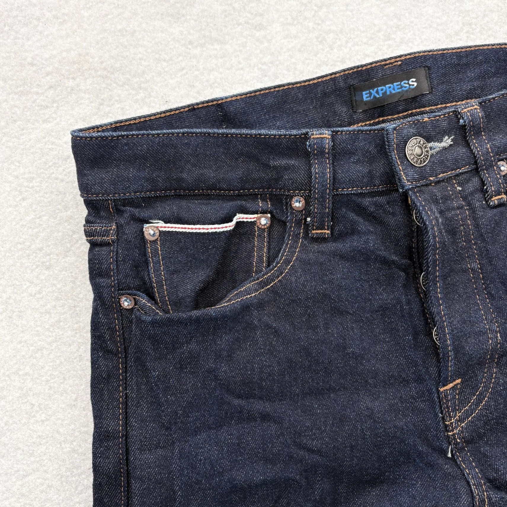 Express Express Jeans Mens 30x32 Dark Wash Blue Slim Fit Selvedge Denim Button Fly Pants Size US 30 / EU 46 - 3 Thumbnail