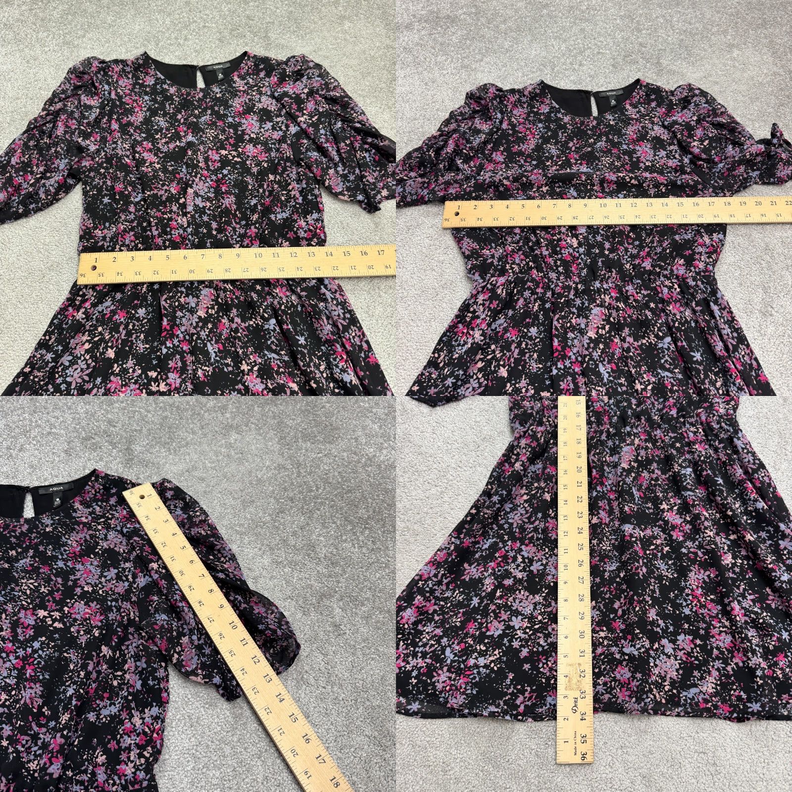 AQUA Aqua Puff Sleeve Mini Dress Womens L Black Floral Elastic Waist Long Sleeve Size L / US 10 / IT 46 - 8 Thumbnail
